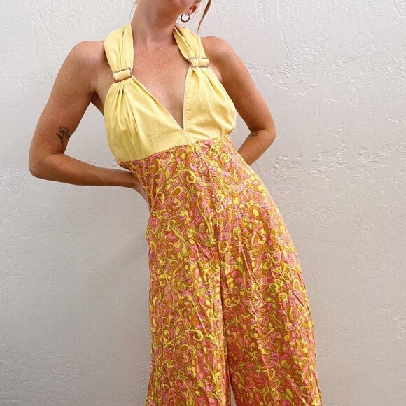 Vintage 1970's Groovy Yellow Pink Printed Wide Leg Halter Jumpsuit - Picture 2 of 4